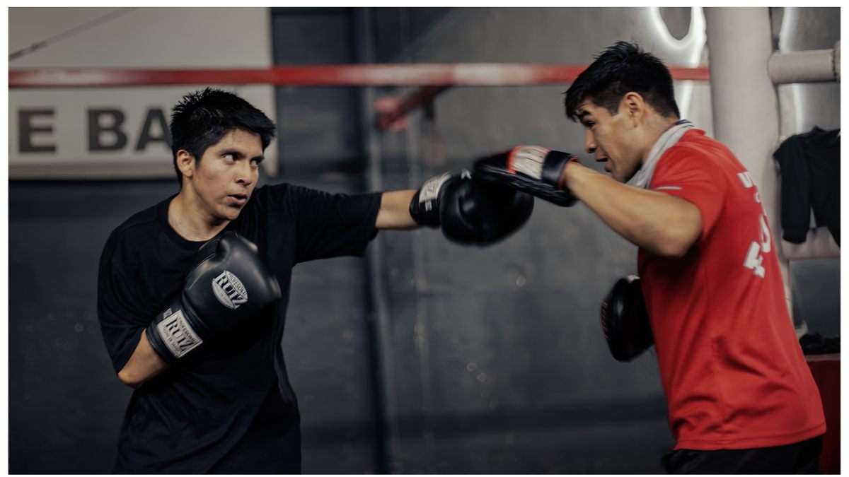 Two boxers practicing sparring drills